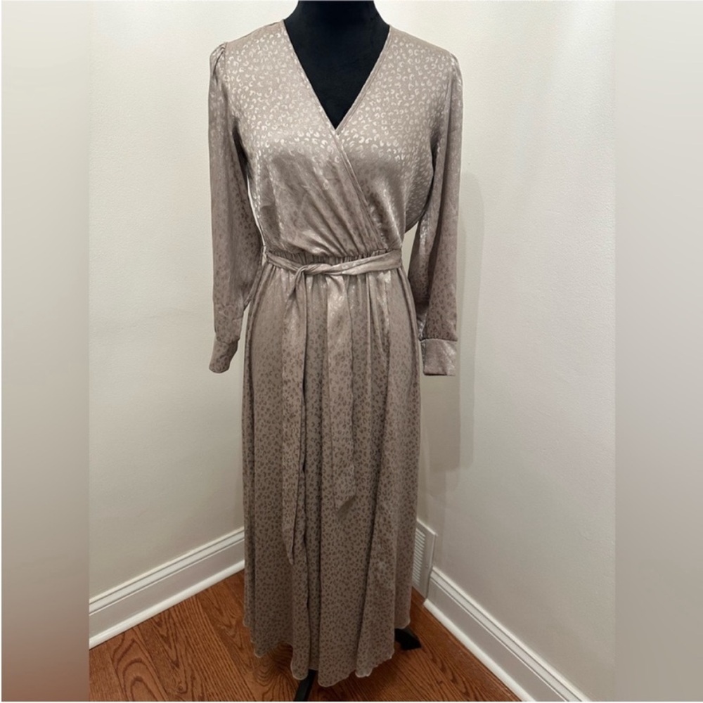 Alex B Nites Taupe Maxi Long-sleeve Satin Like Semi Formal Dress, Size 4P